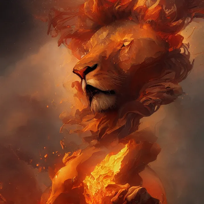 Prompt: lion made out of fire and water, masterpiece painting, 4k, trending on artstation, octane render, art by artgerm and greg rutkowski and alphonse mucha and craig mullins and James Jean and Andrei Riabovitchev and Marc Simonetti and peter mohrbacher
