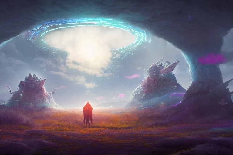 Image similar to a psychedelic realm with rolling plains made out of clouds, and a giant portal covered in runes that leads into the multiverse, in the style of wlop, illustration, epic, fantasy, hyper detailed, smooth, unreal engine, sharp focus, ray tracing