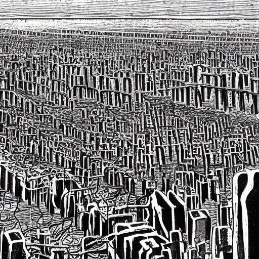 Image similar to a dystopian earth when humans are ruled by a large pointing finger and there are rows of people in shackles going to office jobs