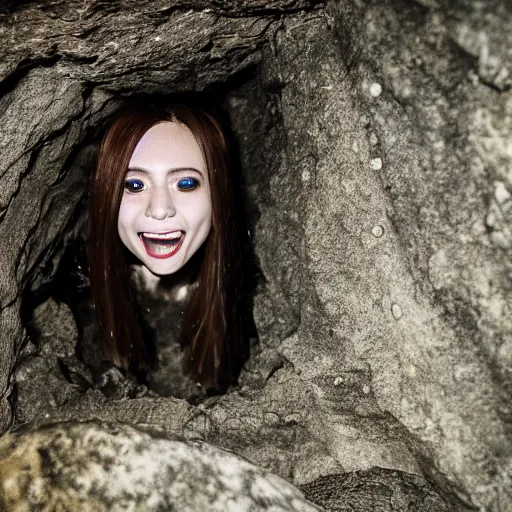 Image similar to photo inside a cavern of a wet reptilian humanoid rapper anime girl partially hidden behind a rock with black eyes open mouth and big teeth