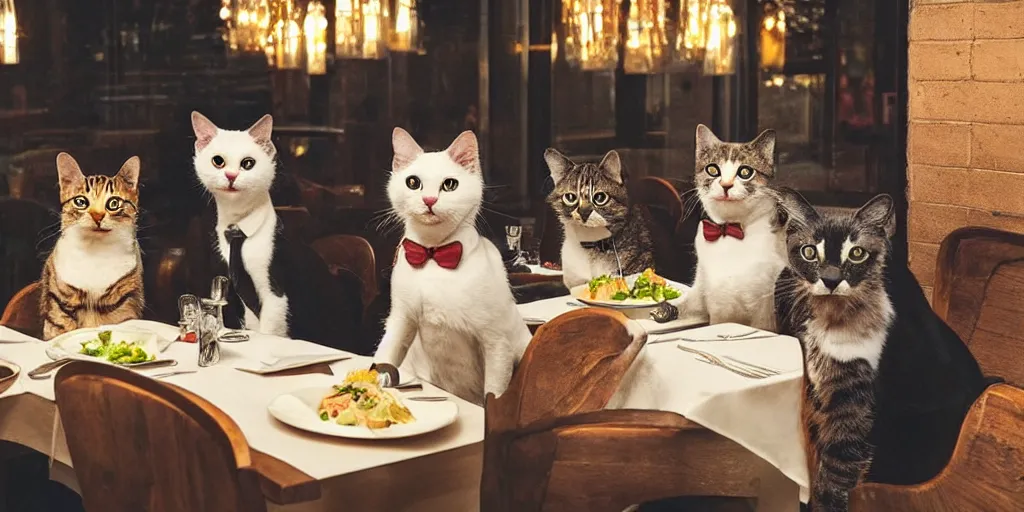 Image similar to cats and dogs wearing suits and dresses eating dinner at a restaurant, very atmospheric lighting, award winning photo, masterpiece