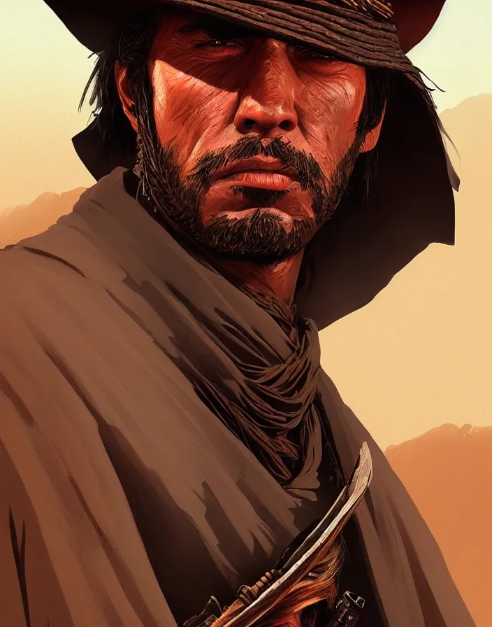 Prompt: misterious gaucho bandido commander, shady look, a raggy long poncho, red dead redemption, magic the gathering, intricate desert background, highly detailed, digital painting, artstation, concept art, sharp focus, illustration, art by Artgerm, Grafit Studio, and Greg Rutkowski and Craig Mullins