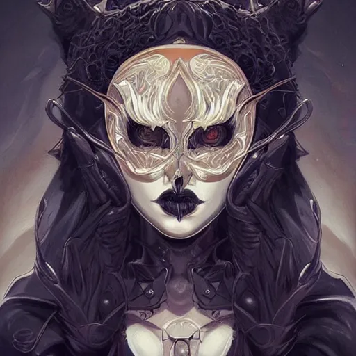 Prompt: vantablack occultist, pitchblack mask, beautiful, detailed symmetrical close - up portrait, intricate complexity, in the style of artgerm and peter mohrbacher, cel - shaded