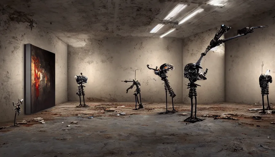 Image similar to robots in an abandoned decrepit art gallery, photos of natural landscapes on walls, robots stand in front of landscape paintings, robots holding paintbrushes and easels, landscape paintings on canvas, 4 k, dramatic lighting, cinematic lighting, robot painter, canvases