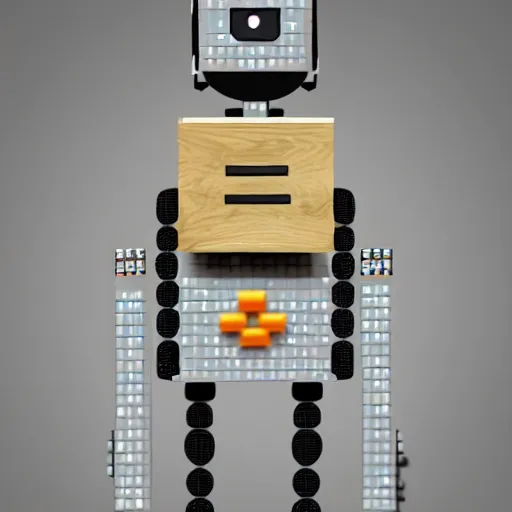 Image similar to a tall robot alien with beige skin and a cube head with screens and dots on it