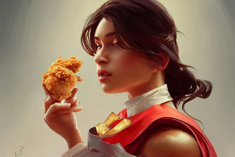 Prompt: kfc chicken, portrait, elegant, intricate, digital painting, artstation, concept art, smooth, sharp focus, illustration, art by artgerm and greg rutkowski and alphonse mucha