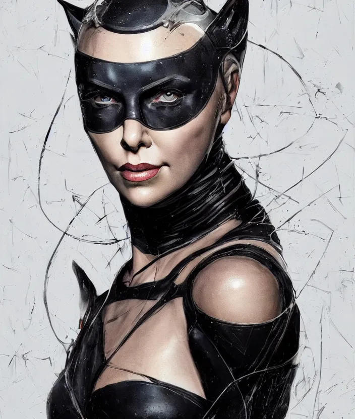 Image similar to portrait of charlize theron as a catwoman. intricate abstract. intricate artwork. by tooth wu, wlop, beeple, dan mumford. octane render, trending on artstation, greg rutkowski very coherent symmetrical artwork. cinematic, hyper realism, high detail, octane render, 8 k, iridescent accents.