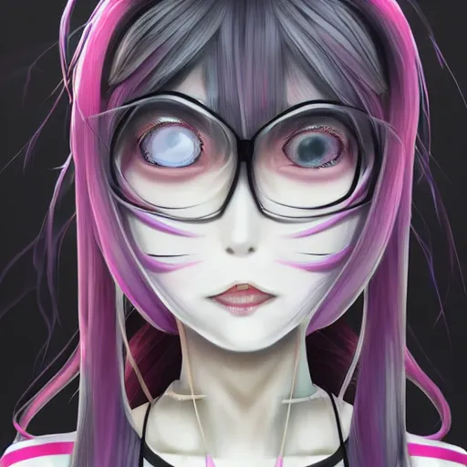 Image similar to trapped beneath stunningly absurdly beautiful omnipotent asi goddess junko enoshima with an enigmatic twisted innocenty looking deceptive mesmerizing megalomaniacal personality, symmetrical perfect face, porcelain skin, pink twintail hair and cyan eyes, ultra detailed, digital art, unreal engine 5, octane render, 2 d anime, 8 k