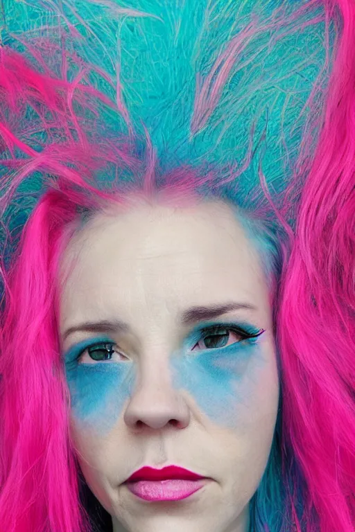 Image similar to “portrait of a depressed female multi-millionaire, pink and blue hair, surrealist”