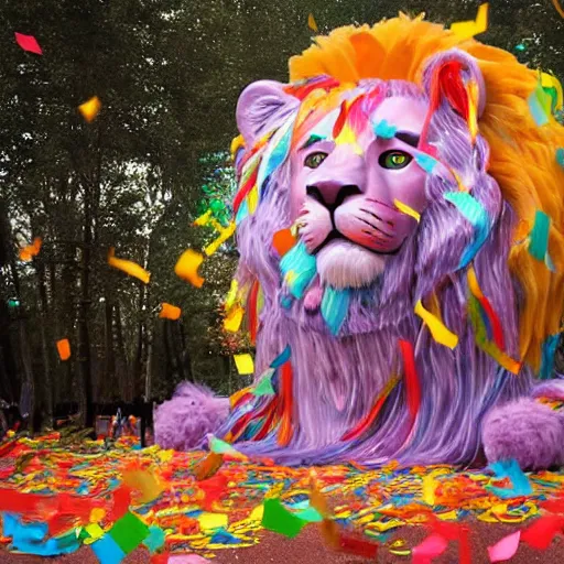 Prompt: long shot lion chasing the dream in the magical forest, lion fur made from party ribbons floating party confetti and balloons , concept art, huge scale, high details, intricate by Dali and James Jean