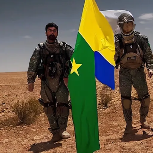 Image similar to kurdish astronaut holding a kurdistan flag in a movie directed by christopher nolan, movie still frame, promotional image, imax 7 0 mm footage