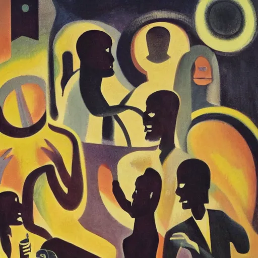 Image similar to oil on masonite painting by aaron douglas of a psychedelic conference of scientists / professors / researchers, high detail