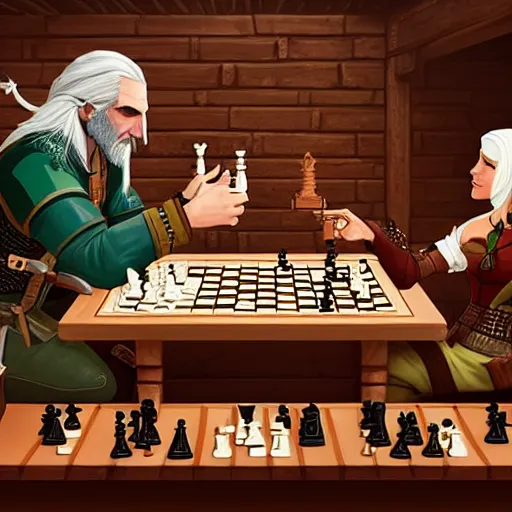 Prompt: Geralt of Rivia and Ciri playing chess in a tavern. geralt de rivia and ciri play at a table in the middle of the tavern, pixel art by Gerardo Quiroz, devian art, 4k