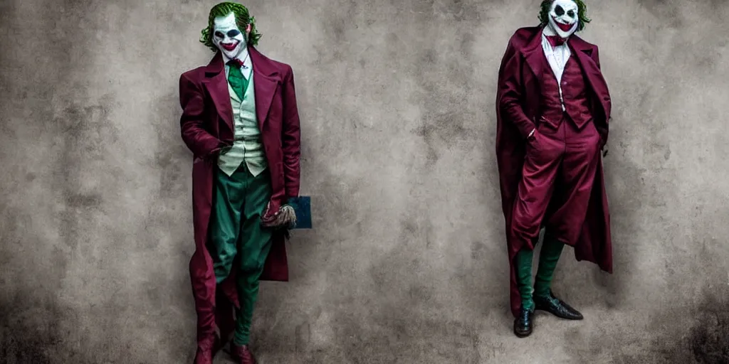 Image similar to joker wearing clothes in the style of directoire style, photograph, grinning, creepy,