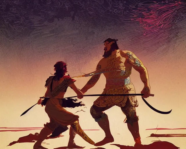 Image similar to a beautiful maiden sword fighting a big burly man, digital art, illustrated by james gurney and victo ngai