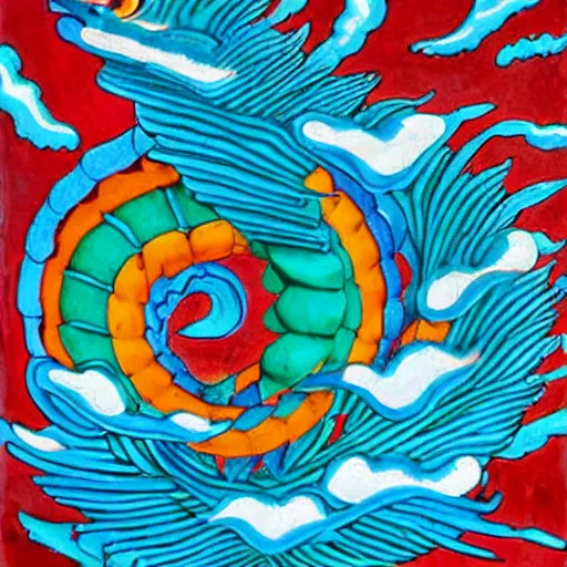 Image similar to giant blue quetzalcoatl melting up into the sky to form blue clouds