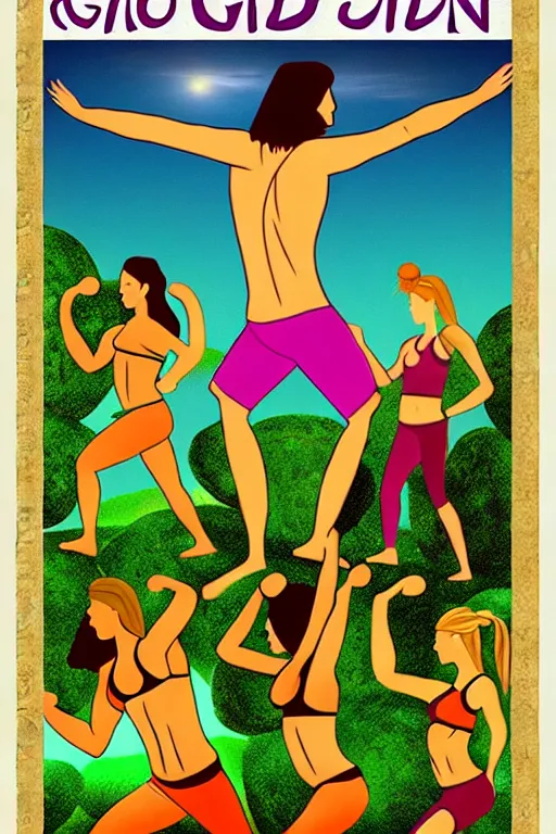 Prompt: 6000 BC From the Garden of Eden Zumba fitness art poster