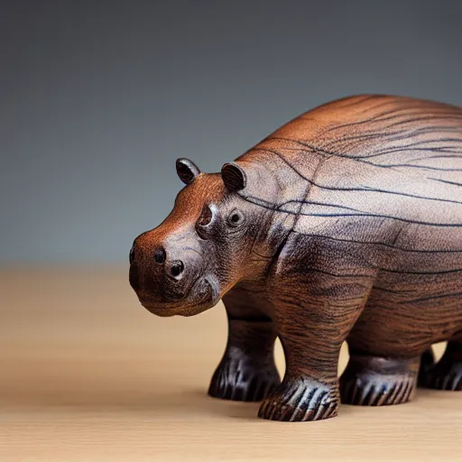 Prompt: a photo of a model hippo made of repurposed elm wood composite straight lines blue epoxy resin, zeiss 1 5 0 mm f 2. 8 hasselblad, award - winning photo