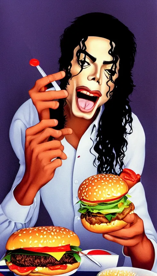 Image similar to michael jackson eating a hamburger 1 9 8 9. portrait by jean giraud and anton otto fischer