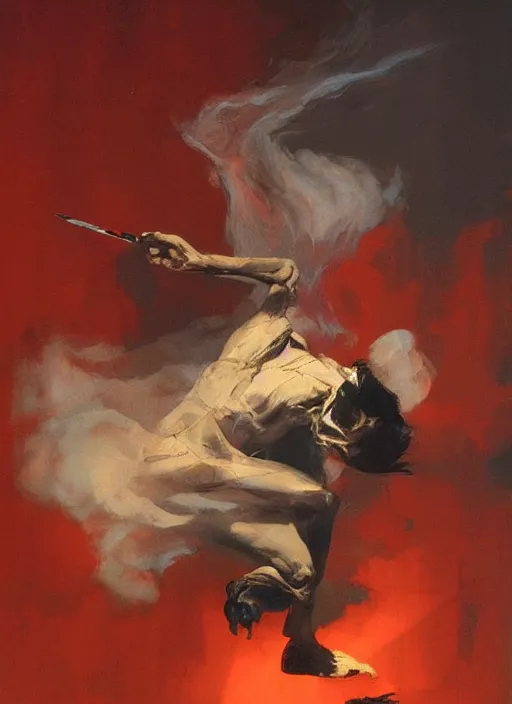 Image similar to pale floating husk in red light, billowing smoke, painting by phil hale, fransico goya,'action lines '!!!, graphic style, visible brushstrokes, motionb blur, blurry, visible paint texture, crisp hd image