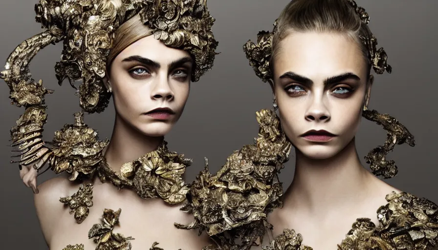 Image similar to cara delevingne wearing epic haute couture by Alexander McQueen, extremely beautiful and proportionate face, in the aesthetic of mert and marcus, masterpiece, intricate, elegant wardrobe, highly detailed, digital painting, artstation, concept art, smooth, sharp focus, illustration, art by artgerm and james jean and greg rutkowski and alphonse mucha