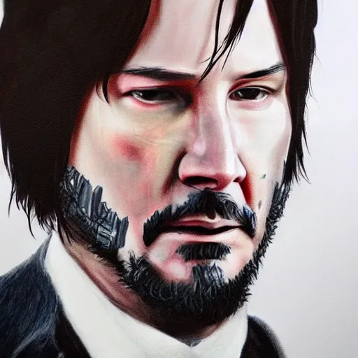 Image similar to intricately detailed semirealistic portrait of johnny silverhand (keanu reeves)