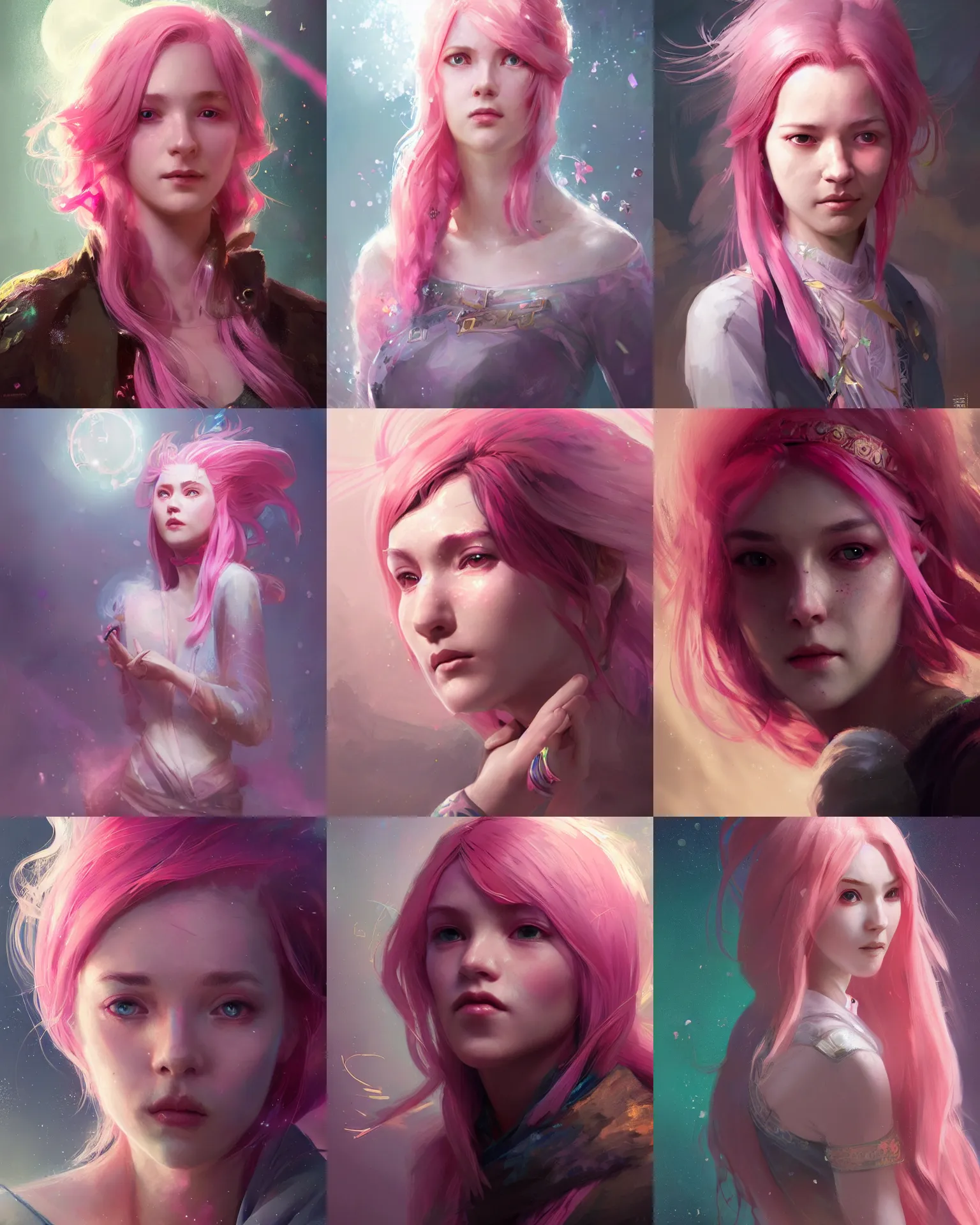 Prompt: portrait of an innocent lost woman with pink hair, magic uniform, fantasy, intricate, sharp focus, lens flare, bloom, rim light, illustration, highly detailed, digital painting, concept art, matte, art by ruan jia. front view