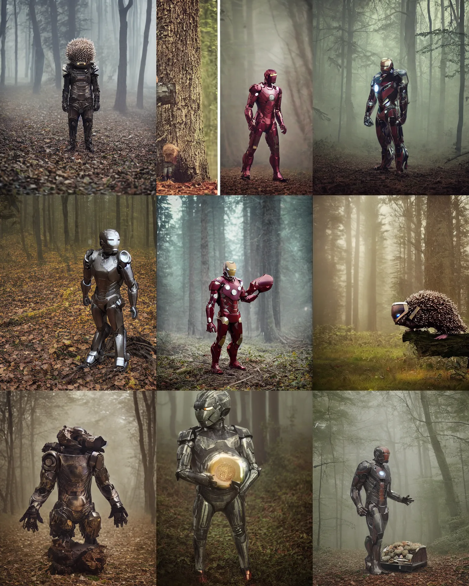 Prompt: hedgehog iron man armor ,in deep forest hungle , full body , Cinematic focus, Polaroid photo, vintage , neutral dull colors, soft lights, foggy mist , by oleg oprisco , by thomas peschak, by discovery channel, by victor enrich , by gregory crewdson