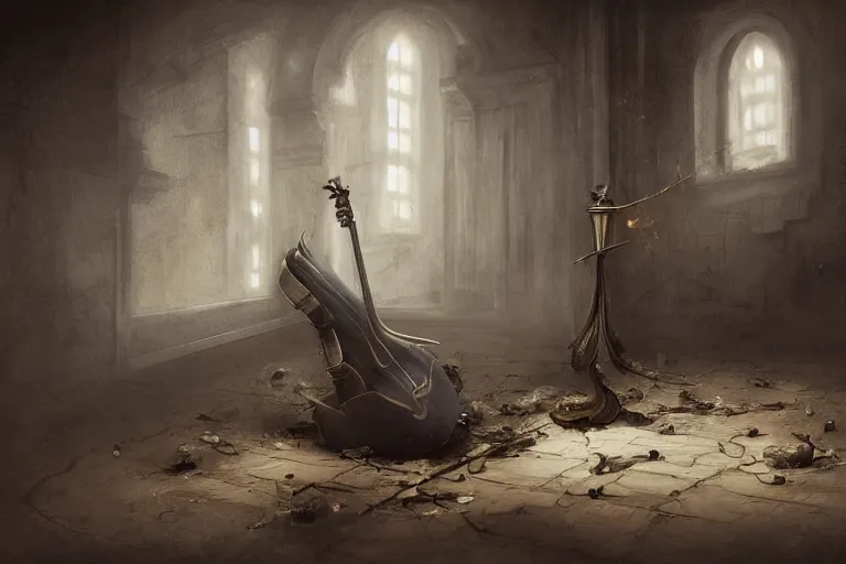 Image similar to still life painting, musical instument alone - a lute with smoke wisping up from its smoldering string, cursed baroque with ebony inlay, designed by brian froud and hr giger leans against the wall alone, abandoned. an empty brutalist chamber, lonely, somberlate afternoon lighting cinematic fantasy painting by jessica rossier