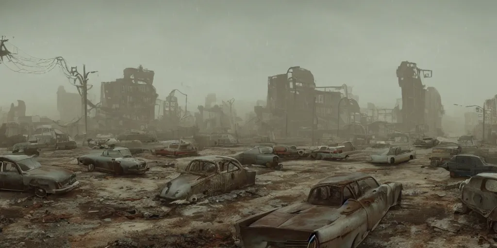 Image similar to wide angle shot of dilapidated fallout 5 city in real life, desolate dilapidated town, empty streets, nightmarish, some rusted retro futuristic fallout style parked cars, overcast, blankets of fog pockets, rain, volumetric lighting, beautiful, daytime, autumn, sharp focus, ultra detailed, cgsociety