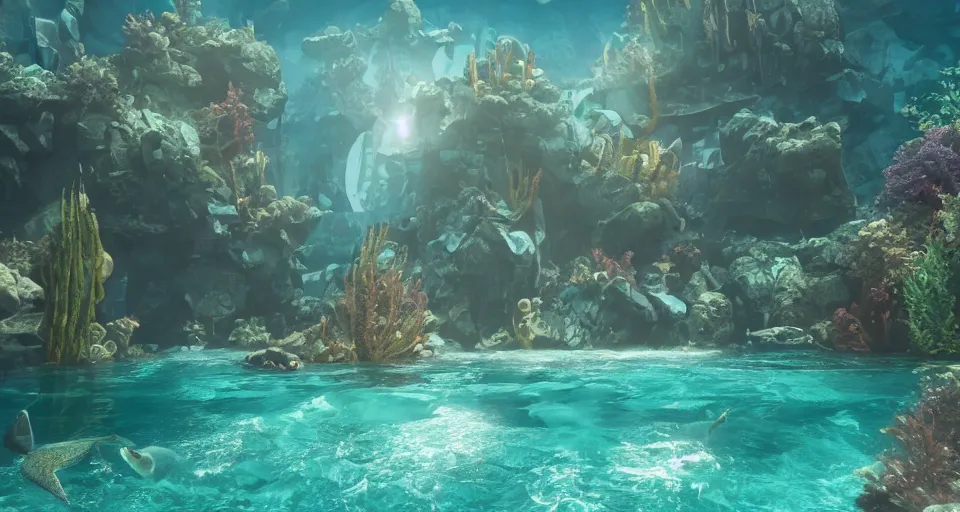 Prompt: fantasy underwater world with buildings, mermaids and fish, light rays coming from above through the water, hyperrealistic, 8K, octane render, rtx