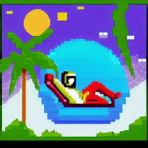 Prompt: an astronaut lounging in a tropical resort in space, pixel art