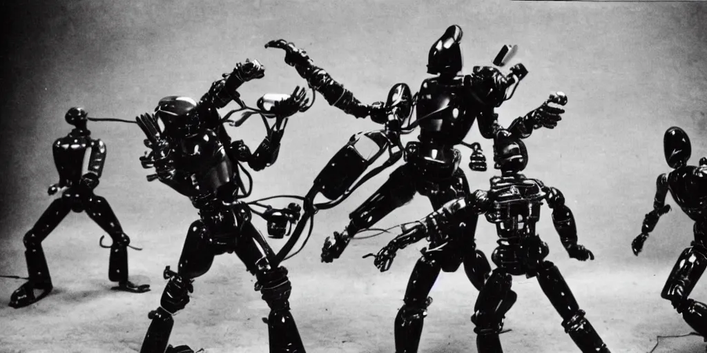 Prompt: old photo of robot ninja fighting robots by akira kurosawa