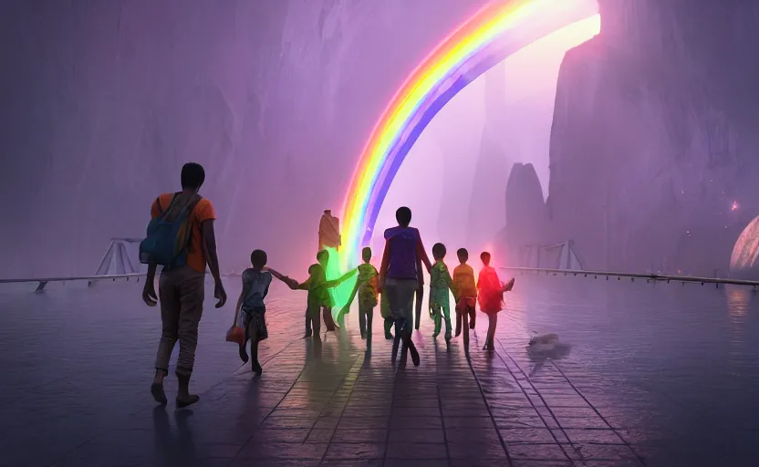 Image similar to incredible, refugees crossing a mindblowingly beautiful bridge made of rainbow, energy pulsing, hardlight, matte painting, artstation, solarpunk, cgsociety, dramatic lighting, concept art, octane render, arnold 3 d render