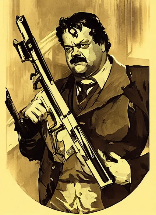 Image similar to gk chesterton as a buff action hero with muscles and a shotgun. portrait by james gurney craig mullins and alphonso mucha. realistic face. expressive.