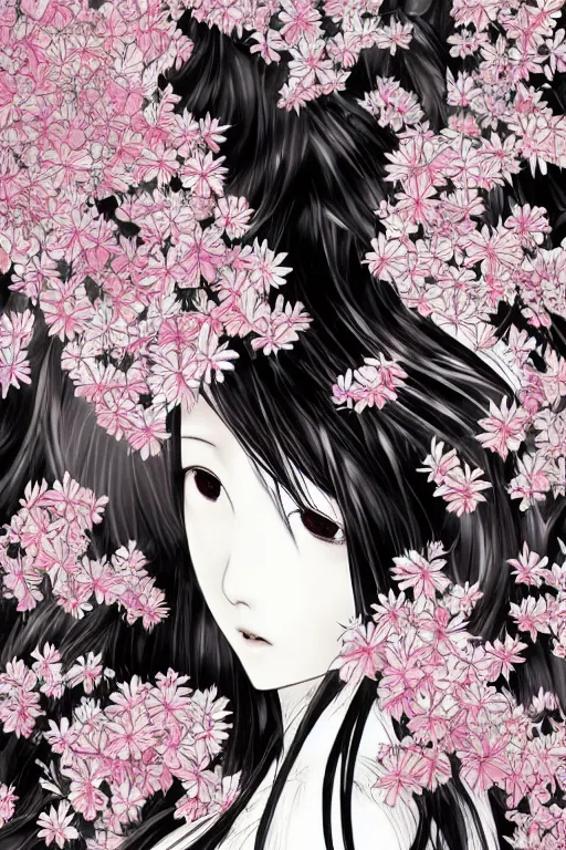 Prompt: a vertical portrait of a character in a scenic environment by Yoshitaka Amano, flower background, kimono, black and white, dreamy, wavy long black hair, highly detailed