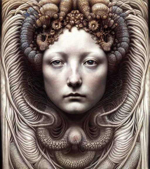 Prompt: detailed realistic beautiful oyster goddess face portrait by jean delville, gustave dore, iris van herpen and marco mazzoni, art forms of nature by ernst haeckel, art nouveau, symbolist, visionary, gothic, neo - gothic, pre - raphaelite, fractal lace, intricate alien botanicals, ai biodiversity, surreality, hyperdetailed ultrasharp octane render