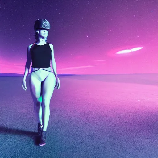 Image similar to A wide angle shot from below of a feminine body walking with swagger towards camera on mars in an infinite universe , synthwave digital art