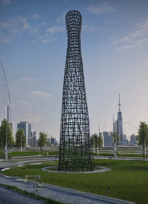 Image similar to highly detailed realistic architecture 3 d render of a stele shukhov tower with rouble icon inside standing in a city park, archdaily, made in unreal engine 4 octane render