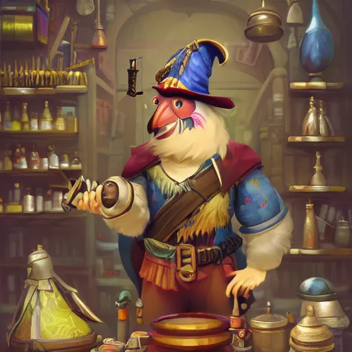 Prompt: Anthropomorphized parrot trader in his shop, medium shot, full body, items, weapons, magic potions, trinkets, carpet, lamps, window, fancy hat, sly expression, cunning expression, cute expression, long thick shiny black beak, D&D, fantasy, cinematic lighting, highly detailed, digital painting, artstation, concept art, smooth, sharp focus, illustration, warm light, cozy warm tint, magic the gathering artwork, volumetric lighting, 8k, art by Greg Rutkowski