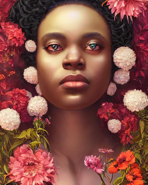 Image similar to portrait of the afro - american queen of the underworld, surrounded by flowers by karol bak, james jean, tom bagshaw, rococo, sharp focus, trending on artstation, cinematic lighting, hyper realism, octane render, 8 k, hyper detailed.