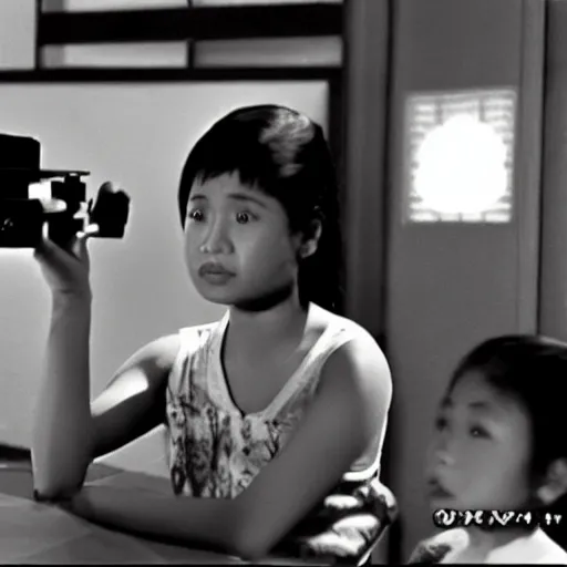 Image similar to a Filipino girl plays video games, 35mm film, b&w, tatami shot, well-composed by Yasujiro Ozu