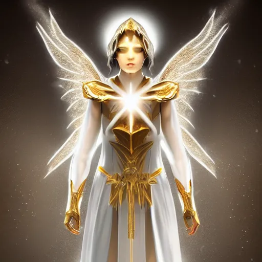 Prompt: Angel in white linen, golden armor, glowing sword in hand, translucent wings, concept character, beautiful, stunning, gold mist, radiating power, energy, god rays, luminescence, fractal, photography, unreal engine, 8k