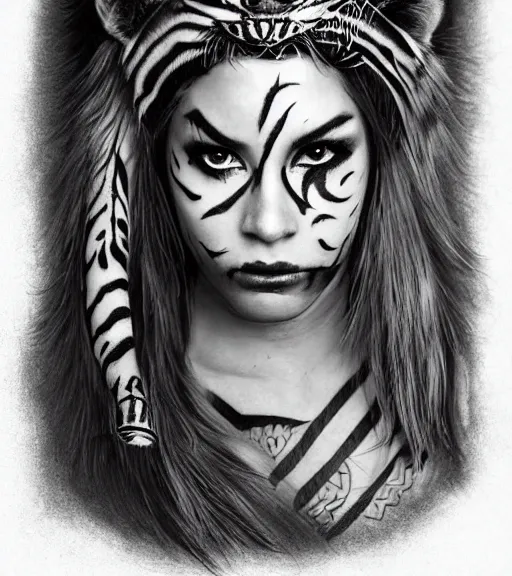 Image similar to tattoo design of a beautiful girl warrior under a tiger head, hyper realistic, realism tattoo, by eliot kohek, beautiful eyes, realistic face, black and white, white background