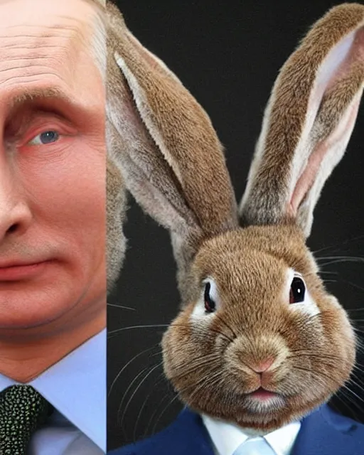 Image similar to vladimir putin in elaborate makeup as rabbit from the book winnie the poo, highly detailed rabbit makeup in the style of rick baker, vladimir has long rabbit ears, rabbit fur, rabbit snout