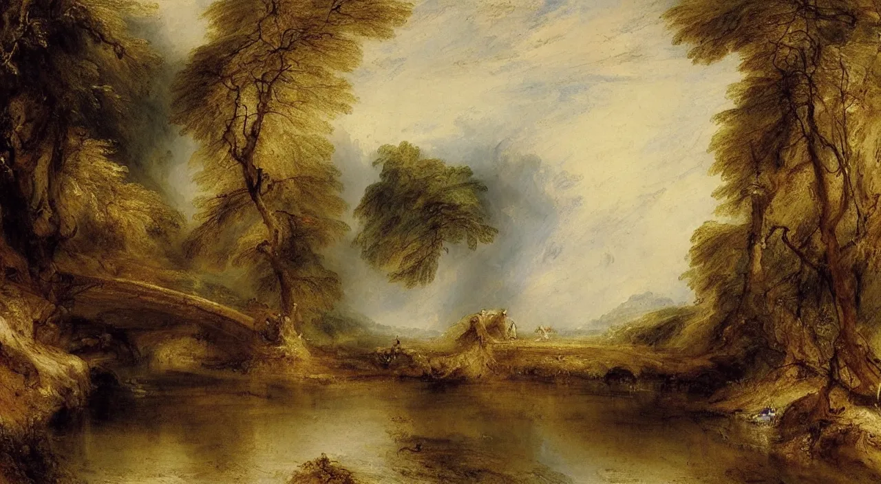 Prompt: a beautiful landscape painting, under a small bridge near a cottage a stream flows, by william turner