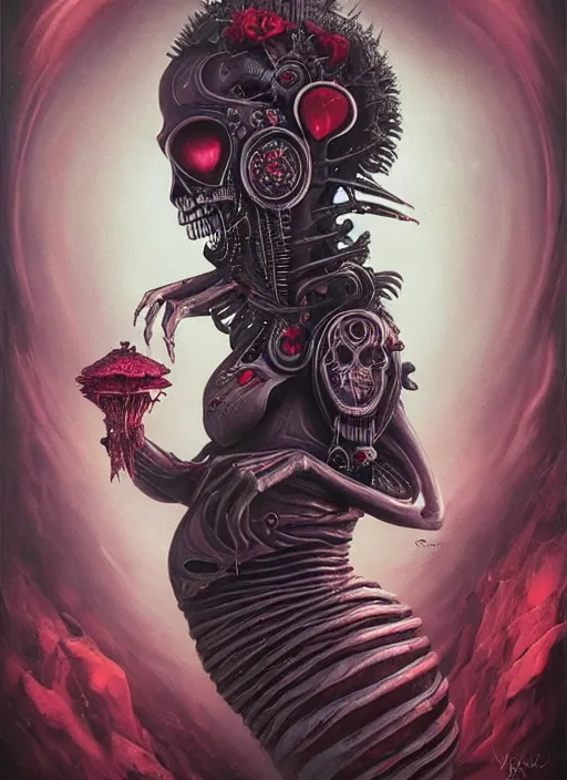 Image similar to queen of hearts, alien, skull, highly detailed, cinematic, 8 k, by megan duncanson, benjamin lacombe, adrian borda, stanley artgermm, tom bagshaw, craig mullins, carne griffiths, ayami kojima, beksinski, giger, trending on deviantart, hyper detailed, horror, full of colour