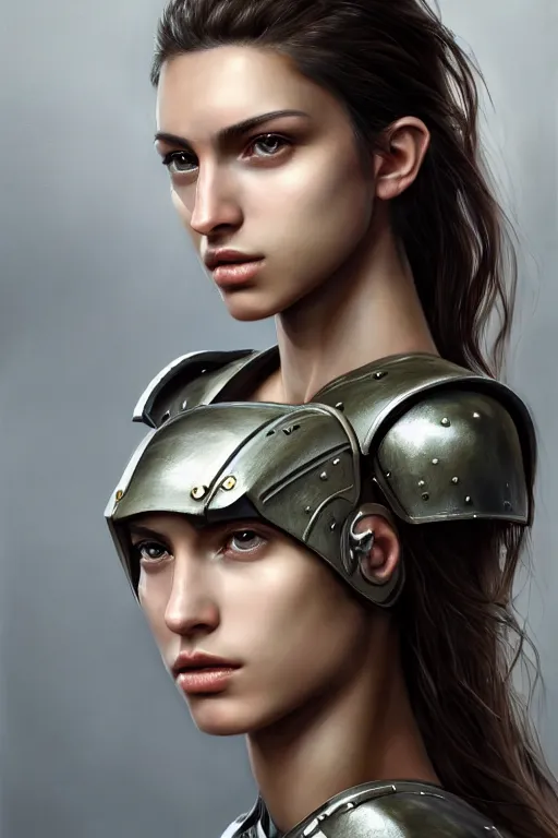 Image similar to a photorealistic painted portrait of an attractive young girl, partially clothed in dull metal-plated battle armor, olive skin, long dark hair, beautiful bone structure, symmetric facial features, facial markings, perfect photorealistic eyes, natural physique, intricate, elegant, digital painting, concept art, finely detailed, beautifully illustrated, sharp focus, minimal artifacts, from Metal Gear, by Ruan Jia and Mandy Jurgens and Artgerm and William-Adolphe Bouguerea, in the style of Greg Rutkowski, trending on Artstation, award winning