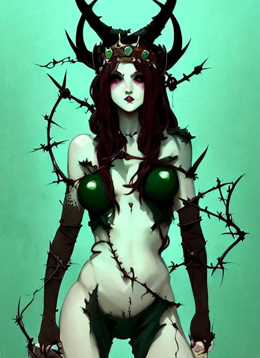 Prompt: cute succubus girl with crown of thorns and horns with runic tattoos, dark fantasy, by atey ghailan, by greg rutkowski, by greg tocchini, by james gilleard, by joe gb fenton, by in kaethe butcher, dynamic lighting, gradient light green, brown, blonde cream and white color in scheme, grunge aesthetic