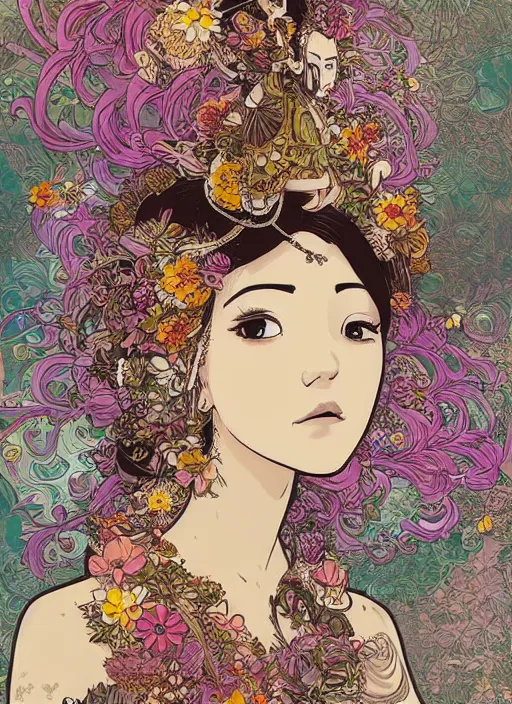 Prompt: beautiful floralpunk balinese cyborg portrait girl female illustration detailed patterns art of bali traditional dress, flower pop art, floral splash painting, art by geof darrow, ashley wood, alphonse mucha, makoto shinkai